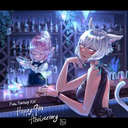 Rule 34 | 2girls, absurdres, animal ears, bar (place), bartender, black dress, bracelet, breasts, cat ears, cat tail, cocktail glass, cup, dark-skinned female, dark skin, dress, drinking glass, facial mark, final fantasy, final fantasy xiv, grey eyes, grey hair, highres, hjz (artemi), jewelry, lalafell, letterboxed, long hair, looking at viewer, medium breasts, miqo&#039;te, multiple girls, neck tattoo, pink hair, pointy ears, ponytail, ring, short hair, sleeves rolled up, tail, tataru taru, tattoo, upper body, whisker markings, y&#039;shtola rhul
