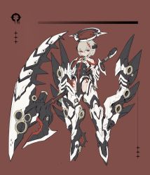 Rule 34 | 1girl, bare shoulders, closed mouth, donxxxs, foot wings, grey eyes, hair between eyes, halo, heterochromia, high heels, highres, holding, holding scythe, holding weapon, huge weapon, mecha musume, mechanical halo, original, red background, red eyes, scar, scar on leg, scythe, short hair, simple background, solo, weapon, wings