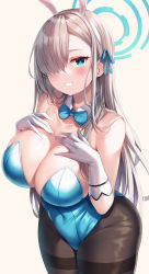 Rule 34 | 1girl, absurdres, animal ears, asuna (blue archive), asuna (bunny) (blue archive), bare shoulders, blue archive, blue eyes, blue leotard, blush, bow, bowtie, breasts, cleavage, detached collar, fake animal ears, gloves, grin, hair over one eye, highres, large breasts, leotard, light brown hair, long hair, looking at viewer, mole, mole on breast, nano (syoutamho), pantyhose, playboy bunny, rabbit ears, smile, solo, thighs, traditional bowtie, white gloves