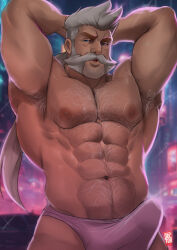 Rule 34 | 1boy, :o, abs, absurdres, alex taylor, arm hair, armpit hair, arms behind head, bara, blue eyes, briefs, bulge, captain laserhawk: a blood dragon remix, chest hair, cityscape, come hither, doctor anfelo, erection, erection under clothes, facial hair, goatee stubble, hairy, highres, large pectorals, leg hair, looking at viewer, male focus, male underwear, mature male, muscular, muscular male, mutton chops, navel, navel hair, nipples, old, old man, pectorals, pink male underwear, seductive smile, smile, solo, stomach, strongman waist, stubble, thick eyebrows, topless male, underwear, wrinkled skin