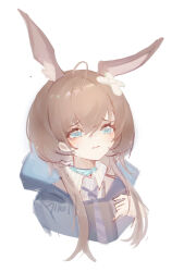 Rule 34 | 1girl, absurdres, amiya (arknights), animal ear fluff, animal ears, arknights, black jacket, blush, brown hair, closed mouth, collared shirt, commentary request, cropped torso, crossed bandaids, crying, crying with eyes open, diagonal-striped clothes, diagonal-striped necktie, hair between eyes, highres, jacket, long hair, looking at viewer, necktie, open clothes, open jacket, purple necktie, rabbit ears, shirt, signature, simple background, solo, striped clothes, tears, upper body, wavy mouth, white background, white shirt, yashengshuimu