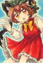 Rule 34 | 1girl, animal ear piercing, animal ears, bow, bowtie, brown hair, cat ears, cat tail, chen, green hat, hat, highres, long sleeves, maa (forsythia1729), mob cap, multiple tails, red skirt, red vest, shirt, short hair, skirt, skirt set, solo, tail, touhou, two tails, vest, white shirt, yellow bow, yellow bowtie, yellow eyes