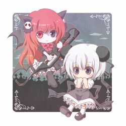 2girls black_dress black_eyes cross demon_horns demon_wings dress frilled_dress frills graveyard heterochromia holding holding_instrument horns instrument keytar multiple_girls nibii_(panda) nyanyamo_daowa pale_skin red_eyes red_hair red_ribbon ribbon smile tombstone towelket_wo_mou_ichido warau_warawau warawau_nyamunyamu white_hair wings