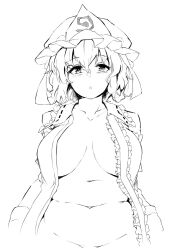 Rule 34 | 1girl, :o, belly, blush, breasts, breasts apart, collarbone, deetamu, frilled kimono, frills, greyscale, hat, japanese clothes, kimono, large breasts, looking at viewer, medium hair, mob cap, monochrome, navel, no bra, open clothes, open kimono, out-of-frame censoring, plump, saigyouji yuyuko, solo, stomach, touhou, triangular headpiece, upper body