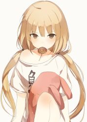 Rule 34 | 10s, 1girl, ahoge, arms at sides, bad id, bad tumblr id, bare legs, blonde hair, blunt bangs, blush, brown eyes, candy, clothes writing, collarbone, food, futaba anzu, hair tie, idolmaster, idolmaster cinderella girls, leg up, lollipop, looking at viewer, low twintails, lpip, mouth hold, off shoulder, shirt, short sleeves, solo, stuffed animal, stuffed rabbit, stuffed toy, sweets, t-shirt, twintails, white shirt
