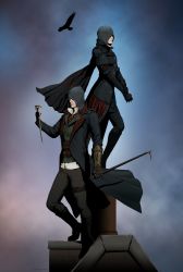 Rule 34 | 1boy, 1girl, animal, assassin&#039;s creed, assassin&#039;s creed (series), belt, bird, brother and sister, cane, cape, evie frye, gb (doubleleaf), hood, jacob frye, quilted jacket, rooftop, siblings, sky, standing, weapon