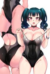 Rule 34 | 10s, 1girl, alternate breast size, alternate hairstyle, ass, back, bare arms, bare shoulders, blue hair, blush, breasts, competition swimsuit, highleg, highleg swimsuit, highres, large breasts, love live!, love live! sunshine!!, multiple views, navel, one-piece swimsuit, open mouth, pink eyes, simple background, sleeveless, standing, swimsuit, tem10, tsushima yoshiko, twintails, white background, wide hips