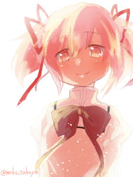 Rule 34 | 1girl, absurdres, arms behind back, backlighting, closed mouth, dot nose, eyes visible through hair, flat chest, floating hair, hair between eyes, hair ribbon, half-closed eyes, happy, high collar, highres, juliet sleeves, kaname madoka, light blush, light particles, long sleeves, looking at viewer, mahou shoujo madoka magica, mahou shoujo madoka magica (anime), mitakihara school uniform, neck ribbon, pink hair, pink theme, puffy sleeves, red ribbon, ribbon, school uniform, short twintails, simple background, smile, solo, sukuya (suxuya), tareme, twintails, twitter username, uniform, upper body, white background, yellow eyes, yellow theme