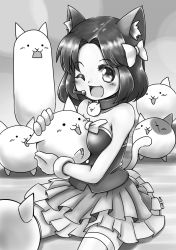 Rule 34 | 1girl, :3, animal ears, axe cat, bare shoulders, bow, breast press, cat (battle cats), cat ears, cat tail, collar, gloves, greyscale, hair bow, headset, highres, idol, microphone, moneko (battle cats), monochrome, nyanko daisensou, one eye closed, open mouth, scar, scar across eye, scar on face, sitting, skirt, smile, strapless, tail, tank cat, thighhighs, wariza, yaosera