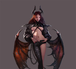 Rule 34 | 1girl, asymmetrical clothes, breasts, chain, demon girl, demon wings, forehead, grey hair, horns, jacket, leather, leather jacket, lee do kyung, lips, lo do kyung, long hair, looking at viewer, low wings, medium breasts, monster girl, navel, off shoulder, open fly, orange eyes, original, red hair, revealing clothes, single pantsleg, solo, demon girl, underboob, wings