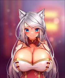 Rule 34 | 1girl, animal ear fluff, animal ears, blue eyes, breasts, cleavage, commentary, english commentary, facial mark, hands on own chest, huge breasts, indie virtual youtuber, kaptivate, long hair, looking at viewer, silver hair, silvervale, slit pupils, smile, solo, upper body, virtual youtuber