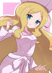 Rule 34 | 1girl, absurdres, blue eyes, caitlin (pokemon), closed mouth, creatures (company), dress, game freak, hat, highres, long hair, long sleeves, looking at viewer, nintendo, outline, parted bangs, pink dress, pink hat, pokemon, pokemon bw, rono (lethys), smile, solo, very long hair, white outline