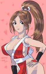Rule 34 | 1girl, artist name, breasts, brown eyes, brown hair, cleavage, covered erect nipples, fatal fury, fingerless gloves, gloves, hand on own hip, highres, japanese clothes, large breasts, leaning forward, lips, long hair, looking at viewer, ponytail, shiranui mai, smile, snk, solo, the king of fighters