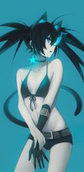 Rule 34 | 1girl, absurdres, animal ears, arm belt, asymmetrical gloves, belt, belt buckle, bikini, bikini top only, black bikini, black gloves, black hair, black ribbon, black rock shooter, black rock shooter (character), black shorts, blue background, blue eyes, breasts, brown belt, buckle, cat ears, cat tail, choker, cleavage, collarbone, contrapposto, cowboy shot, elbow gloves, flaming eye, floating hair, front-tie bikini top, front-tie top, gloves, hair between eyes, highres, long hair, looking to the side, ly (pixiv13839236), midriff, profile, ribbon, ribbon choker, short shorts, shorts, simple background, single glove, small breasts, solo, standing, stomach, swimsuit, tail, twintails, uneven gloves, very long hair