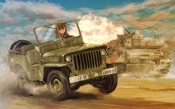 Rule 34 | 1girl, blush, brown eyes, brown hair, closed mouth, cloud, commentary request, driving, helmet, jeep, logo, medium hair, military, military uniform, military vehicle, moko-chan, motion blur, motor vehicle, room (room443), solo, star (symbol), tamiya incorporated, tank, tire, uniform