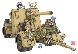 Rule 34 | 10s, 6+girls, 88 flak, afrika korps, animal ears, ankle boots, black eyes, black gloves, black hair, blonde hair, blue eyes, boots, brown eyes, cannon, common raccoon (kemono friends), cross, closed eyes, fennec (kemono friends), gloves, hand on own stomach, helmet, iron cross, jaguar (kemono friends), kaban (kemono friends), kemono friends, looking at another, lucky beast (kemono friends), m.wolverine, medal, military, military uniform, millipen (medium), multiple girls, serval (kemono friends), shorts, signature, simple background, sitting, sleeves rolled up, small-clawed otter (kemono friends), soldier, traditional media, uniform, white background, world war ii
