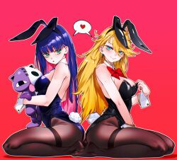 2girls animal_ears ass bangle black_leotard black_pantyhose blonde_hair blue_eyes blue_hair bow bracelet breasts cesar_art456 colored_inner_hair detached_collar earrings fake_animal_ears fake_tail feet from_side full_body green_eyes hair_between_eyes heart highres holding holding_stuffed_toy jewelry large_breasts leotard long_hair looking_at_viewer makeup multicolored_hair multiple_girls no_shoes panty_&amp;_stocking_with_garterbelt panty_(psg) pantyhose pink_hair playboy_bunny rabbit_ears rabbit_tail seiza shared_speech_bubble simple_background sitting speech_bubble spoken_heart stocking_(psg) stuffed_toy tail thighband_pantyhose two-tone_hair white_wrist_cuffs wrist_cuffs