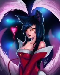 Rule 34 | 1girl, absurdres, ahri (league of legends), alycia (lushie), animal ears, bare shoulders, black hair, breasts, cleavage, collarbone, detached sleeves, facial mark, female focus, fox ears, fox tail, glowing, heart, highres, hitodama, korean clothes, large breasts, league of legends, lips, long hair, looking at viewer, multiple tails, orange eyes, parted lips, seductive smile, signature, smile, solo, tail, upper body, v arms, whisker markings