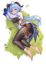Rule 34 | 1girl, absurdres, ahoge, ass, bare shoulders, barefoot, blue hair, blush, breasts, covered erect nipples, feet, full body, ganyu (genshin impact), genshin impact, grass, highres, long hair, looking at viewer, lying, medium breasts, nipples, on side, parted lips, purple eyes, see-through, semi-transparent, smile, soles, solo, toes