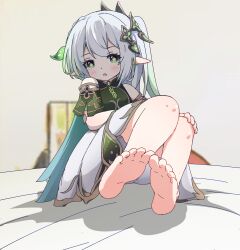 Rule 34 | 1girl, barefoot, blush, cape, child, dress, feet, foreshortening, genshin impact, green eyes, hair ornament, highres, long hair, mou menwei, multicolored hair, nahida (genshin impact), pointy ears, presenting foot, soles, solo, symbol-shaped pupils, toes, white hair
