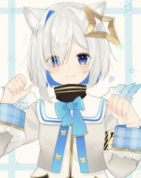 Rule 34 | 1girl, absurdres, amane kanata, amane kanata (1st costume), angel wings, animal ear fluff, animal ears, asymmetrical hair, blue eyes, blue hair, blush, bob cut, bow, bowtie, cat ears, closed mouth, colored inner hair, cropped jacket, embarrassed, fang, fang out, gradient wings, grey jacket, hair between eyes, hair intakes, halo, high collar, highres, hololive, jacket, kaede (kaede desu107), looking at viewer, mini wings, multicolored hair, multicolored wings, paw pose, pink hair, plaid, plaid background, sailor collar, short hair, silver hair, single hair intake, skin fang, solo, star halo, streaked hair, turtleneck, upper body, virtual youtuber, white wings, wide sleeves, wings