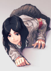 Rule 34 | 1girl, ahoge, all fours, armband, black eyes, black hair, black skirt, commentary request, grey shirt, highres, looking at viewer, mikel (4hands), military, military uniform, pieck finger, shingeki no kyojin, shirt, skirt, smile, uniform