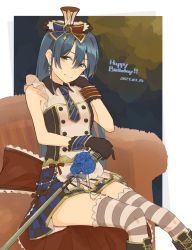 Rule 34 | 1girl, absurdres, artist name, artist request, back bow, bare shoulders, black footwear, black gloves, blue hair, blue ribbon, blue wrist cuffs, blush, boots, bow, breasts, buttons, cafe maid (love live!), chair, checkered clothes, checkered skirt, cross-laced footwear, dress, earrings, female focus, frilled dress, frills, garter straps, gloves, hair between eyes, hat, high heel boots, high heels, highres, holding, holding microphone, jewelry, long hair, looking at viewer, love live!, love live! school idol festival, love live! school idol project, microphone, microphone stand, mini hat, mini top hat, musical note, necktie, on chair, parted lips, red gloves, red wrist cuffs, ribbon, shirt, sitting, skirt, sleeveless, smile, solo, sonoda umi, striped legwear, tie clip, top hat, treble clef, waist cape, white shirt, wrist cuffs, yellow eyes