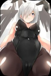 Rule 34 | 10s, 1girl, alternate costume, arms at sides, black pantyhose, blue eyes, blush, breasts, cameltoe, covered navel, embarrassed, from below, hair ornament, hair over one eye, hairclip, hamakaze (kancolle), isshiki (ffmania7), kantai collection, leotard, looking at viewer, medium breasts, no panties, off shoulder, pantyhose, perspective, playboy bunny, short hair, silver hair, solo, thighs, wavy mouth