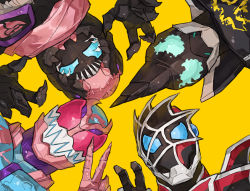 Rule 34 | 4boys, aqua eyes, armor, bat genome, bbbb fex, black armor, blue eyes, chibi, commentary request, fingernails, highres, kamen rider, kamen rider demons, kamen rider evil, kamen rider revi, kamen rider revice, kamen rider vice, looking at viewer, male focus, multiple boys, pink armor, pink scarf, red armor, red eyes, rex genome, scarf, sharp fingernails, silk, spider genome, spider web, spider web print, trait connection