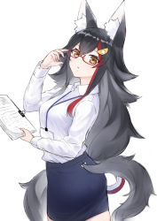 Rule 34 | 1girl, absurdres, adjusting eyewear, alternate costume, animal ear fluff, animal ears, ass, black hair, black skirt, breasts, collared shirt, cowboy shot, expressionless, glasses, hair ornament, highres, hololive, lanyard, long hair, long sleeves, looking at viewer, medium breasts, miniskirt, multicolored hair, name tag, office lady, ookami mio, orange eyes, paperclip, papers, parted lips, red hair, shirt, simple background, skirt, solo, tail, two-tone hair, virtual youtuber, white background, white shirt, wolf ears, wolf tail, yamabuki7979