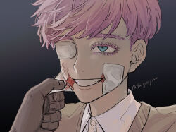 Rule 34 | 2boys, absurdres, aqua eyes, bifurcated jaw, collared shirt, colored eyelashes, eyelashes, eyepatch, forced smile, from side, gauze on face, highres, holding, looking ahead, male focus, medical eyepatch, multiple boys, pink hair, portrait, sanzu haruchiyo, scar, scar on face, shigotopine, shirt, short hair, simple background, solo focus, sweater, teeth, tokyo revengers, twitter username, white shirt, yellow sweater