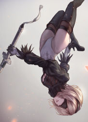 Rule 34 | 1girl, absurdres, black footwear, black thighhighs, blindfold, boots, breasts, cleavage, cleavage cutout, clothing cutout, commentary request, feather trim, feathers, gloves, gradient background, high heel boots, high heels, highleg, highleg leotard, highres, holding, holding weapon, katana, leotard, lips, long sleeves, medium breasts, mole, mole under mouth, nier (series), nier:automata, parted lips, petals, puffy sleeves, short hair, simple background, solo, sword, thigh boots, thighhighs, thighs, weapon, white background, yasu (segawahiroyasu), 2b (nier:automata)