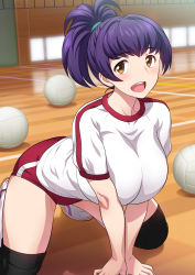 Rule 34 | 1girl, all fours, ass, ball, blush, breasts, breasts squeezed together, buruma, floor, gym, gym uniform, high ponytail, highres, huge breasts, indoors, jk fuuzoku gakuensai, joy ride, knee pads, legs, looking at viewer, open mouth, original, own hands together, ponytail, purple hair, shoes, smile, sneakers, solo, sportswear, thighs, volleyball (object), volleyball uniform, yellow eyes