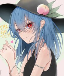 Rule 34 | 1girl, armlet, black hat, black shirt, blue hair, blush, bracelet, close-up, closed mouth, commentary request, crossed bangs, earrings, eyelashes, from side, green background, hair between eyes, hands up, happy birthday, hat, heart, highres, hinanawi tenshi, hoop earrings, interlocked fingers, jewelry, lips, long hair, looking at viewer, nose, own hands together, peach hat ornament, red eyes, ropu 1, shirt, simple background, sleeveless, sleeveless shirt, smile, solo, touhou, tsurime, twitter username