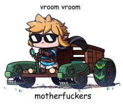 Rule 34 | 1boy, blonde hair, blue tunic, comic sans, driving, english text, headlight, link, miyan (oceanmaiden), motor vehicle, nintendo, pointy ears, profanity, simple background, solo, sunglasses, the legend of zelda, the legend of zelda: tears of the kingdom, wheel, white background, zonai device