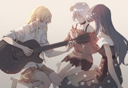 Rule 34 | 3girls, acoustic guitar, arm support, azusa mifuyu, backlighting, bare arms, bare legs, bare shoulders, black choker, black dress, black neckwear, blonde hair, blue eyes, blue hair, blurry, blurry background, breasts, choker, closed eyes, closed mouth, collarbone, collared shirt, colored eyelashes, depth of field, die (die0118), dress, earrings, facing viewer, feet out of frame, gradient background, grey background, guitar, hair between eyes, half-closed eyes, hands up, instrument, jewelry, knees together feet apart, light particles, light smile, long hair, looking down, magia record: mahou shoujo madoka magica gaiden, mahou shoujo madoka magica, medium breasts, multiple girls, music, nanami yachiyo, off-shoulder dress, off-shoulder shirt, off shoulder, orange sailor collar, orange skirt, parted lips, playing instrument, polka dot, polka dot dress, puffy sleeves, purple eyes, ring, sailor collar, shaded face, shirt, short hair, short sleeves, sideboob, sidelocks, simple background, sitting, skirt, small breasts, soul gem, spaghetti strap, stool, straight hair, thighs, upper body, white hair, white shirt, yukino kanae