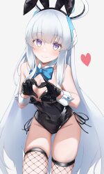 Rule 34 | 1girl, absurdres, alternate costume, bare shoulders, black gloves, black leotard, blue archive, blue bow, blunt bangs, bow, breasts, cleavage, collarbone, commentary request, detached collar, fishnet thighhighs, fishnets, gloves, groin, halo, headgear, heart, heart hands, heimu (heim kstr), highleg, highleg leotard, highres, large breasts, leaning forward, leotard, long hair, looking at viewer, medium breasts, noa (blue archive), playboy bunny, purple eyes, sidelocks, simple background, sleeveless, smile, solo, strapless, strapless leotard, thighhighs, white background, white hair, wrist cuffs