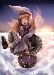 Rule 34 | 1girl, above clouds, arm up, basket, blonde hair, blunt bangs, bow, capelet, cloud, female focus, flying, green eyes, hand on headwear, hat, holding, holding clothes, holding hat, lily white, long hair, nekoarashi, open mouth, petals, sky, solo, touhou, wide-eyed, wings, yana (nekoarashi)