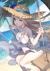 Rule 34 | 1girl, ;d, bare arms, bare shoulders, beach, bead necklace, beads, bikini, bison cangshu, blonde hair, blue eyes, breasts, brown hat, cleavage, day, groin, hat, hat ribbon, jewelry, large breasts, lexington (warship girls r), long hair, looking at viewer, navel, necklace, one eye closed, open mouth, outdoors, palm tree, ribbon, sarong, shade, sitting, smile, solo, stomach, straw hat, string bikini, swimsuit, swing, thighs, tree, very long hair, warship girls r, water, white bikini, wind