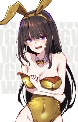 Rule 34 | 1girl, animal ears, black hair, bow, bowtie, breasts, covered navel, crying, crying with eyes open, detached collar, embarrassed, fake animal ears, frown, gold leotard, highres, hyoe (hachiechi), inoue takina, leotard, long hair, looking at viewer, lycoris recoil, medium breasts, playboy bunny, purple eyes, rabbit ears, solo, tears, wardrobe malfunction, white background, yellow bow, yellow bowtie