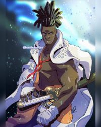 Rule 34 | 1boy, abs, arm out of sleeve, belt, blue eyes, book jackson, commentary, dark skin, dark-skinned male, english commentary, fighting stance, fingerless gloves, gloves, guilty gear, guilty gear strive, dreadlocks, hand on hilt, highres, jacket, katana, lips, long hair, male focus, muscular, nagoriyuki, nose, ponytail, scabbard, sheath, sheathed, solo, standing, sword, undercut, very dark skin, weapon, white gloves, white jacket