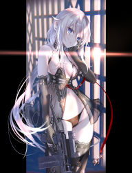 Rule 34 | 1girl, 9a-91, 9a-91 (girls&#039; frontline), absurdres, assault rifle, babydoll, bare shoulders, belt, black babydoll, black gloves, black panties, black thighhighs, blue eyes, blush, breasts, cameltoe, cowboy shot, elbow gloves, girls&#039; frontline, gloves, gun, hair between eyes, hair ornament, hand on own cheek, hand on own face, highleg, highleg panties, highres, holding, holding gun, holding weapon, lace, lace-trimmed legwear, lace trim, lingerie, long hair, looking at viewer, low ponytail, medium breasts, navel, o-ring, panties, parted lips, ponytail, pottsness, rifle, see-through, side-tie panties, sidelocks, silver hair, solo, star (symbol), stomach, string panties, thighhighs, trigger discipline, underwear, weapon