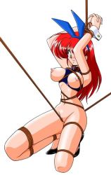Rule 34 | 1girl, animal ears, arms up, bdsm, blush, bondage, bound, bound wrists, breasts, breasts out, character request, crotch rope, fake animal ears, frogtie, high heels, kneeling, large breasts, long hair, long legs, narrow waist, nipples, rabbit ears, red hair, rope, rope walking, simple background, source request, uncensored, usso, white background, wrist cuffs