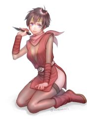 Rule 34 | 1girl, belt, black leotard, breasts, closed mouth, full body, fundoshi, gensou suikoden, gensou suikoden i, headband, highres, japanese clothes, kasumi (suikoden), kunai, leotard, looking at viewer, ninja, sakai (motomei), scarf, short hair, simple background, smile, solo, thighhighs, weapon, white background