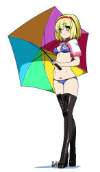 Rule 34 | 1girl, adapted costume, alice margatroid, alternate costume, bikini, blonde hair, blue bikini, blush, boots, breasts, capelet, cross-laced footwear, crossed legs, female focus, hairband, hip bones, hyouju issei, lace-up boots, navel, platform footwear, race queen, short hair, simple background, small breasts, smile, solo, standing, swimsuit, thigh boots, thighhighs, touhou, umbrella, watson cross, white background, yellow eyes