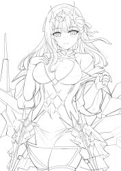 Rule 34 | 1girl, bandaged head, bandages, blush, breasts, cleavage, closed mouth, detached sleeves, diadem, dress, gloves, goddess of victory: nikke, greyscale, hair ribbon, highres, large breasts, long hair, marian (nikke), modernia (nikke), monochrome, ribbon, see-through, see-through cleavage, smile, solo, thighs, weapon, yougenko