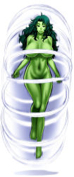 Rule 34 | 1girl, breasts, censored, chiba toshirou, colored skin, convenient censoring, green eyes, green hair, green lips, green skin, huge breasts, jennifer walters, jump rope, lipstick, long hair, looking at viewer, makeup, marvel, matching hair/eyes, navel, nude, parody, she-hulk, smile, solo, wide hips