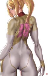 Rule 34 | 1girl, alternate color, ass, blonde hair, blue eyes, bodysuit, breasts, cowboy shot, dimples of venus, finalcake, from behind, highres, lips, long hair, long sleeves, looking at viewer, looking back, medium breasts, metroid, metroid dread, mole, mole under mouth, nintendo, ponytail, samus aran, shoulder blades, skin tight, smile, thick thighs, thighs, turtleneck, weapon, white background, zero suit