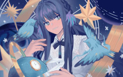 Rule 34 | + +, 1girl, arknights, astesia (arknights), bird, blue eyes, blue hair, blue ribbon, clock, highres, long hair, orb, painterly, parted lips, ribbon, shirt, sky, smile, solo, star (sky), star (symbol), starry sky, towne, white shirt