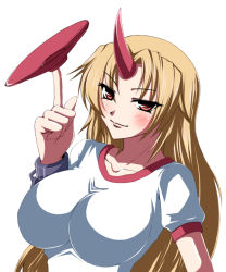 Rule 34 | 1girl, blonde hair, breasts, cuffs, female focus, horns, hoshiguma yuugi, impossible clothes, impossible shirt, iwamoto eiri, large breasts, long hair, red eyes, saucer, shackles, shirt, single horn, solo, touhou